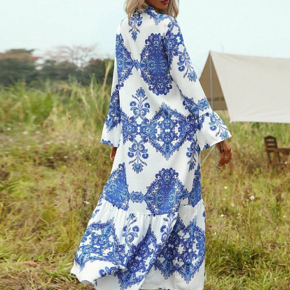 Boho Women's Notched Neck Flounce Hem Maxi Dress With Sleeve blue white - Picture 3 of 6